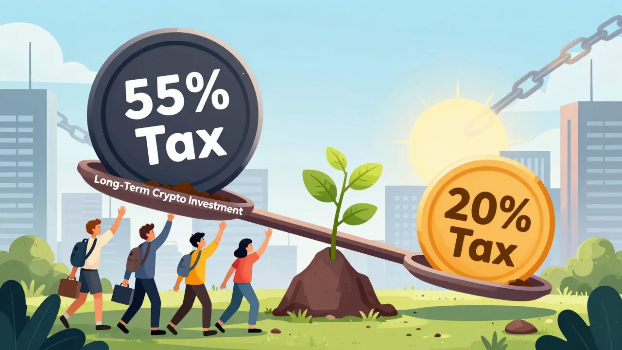 A scale tipping from crushing 55% tax to uplifting 20% tax, reviving a crypto investment plant under a blockchain skyline.