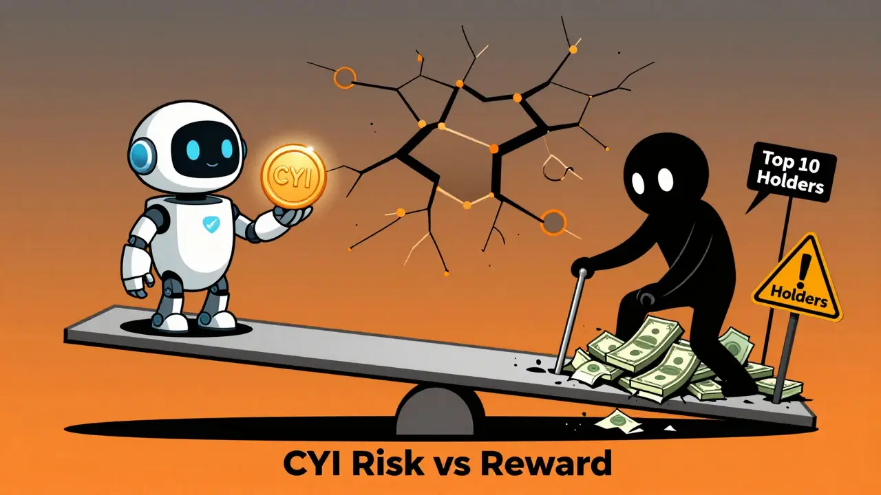 A seesaw balancing CYI&#039;s promise against high risk, with top holders pulling levers and a crumbling blockchain in the background.