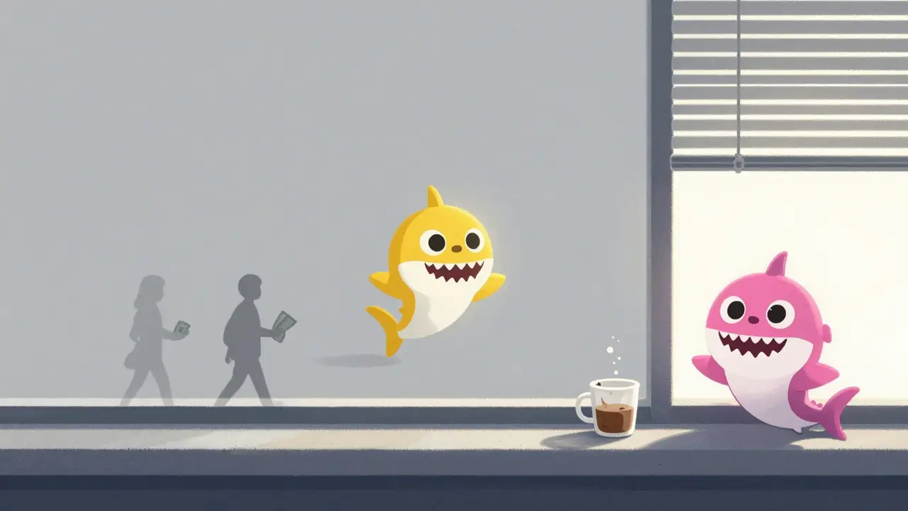 A single Baby Shark token floats on an empty trading chart at dawn, with a child's toy shark beside a coffee mug.