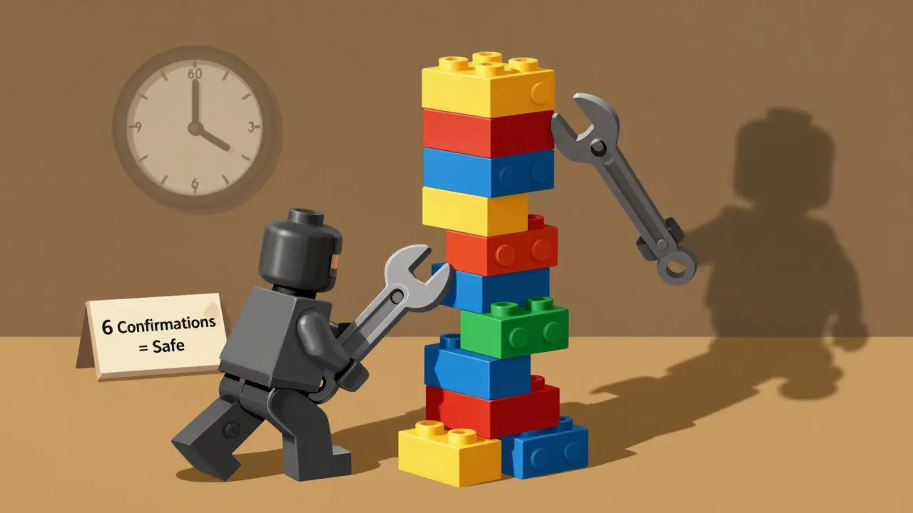 A stable Lego blockchain tower with six blocks, protected from a shadowy attacker.