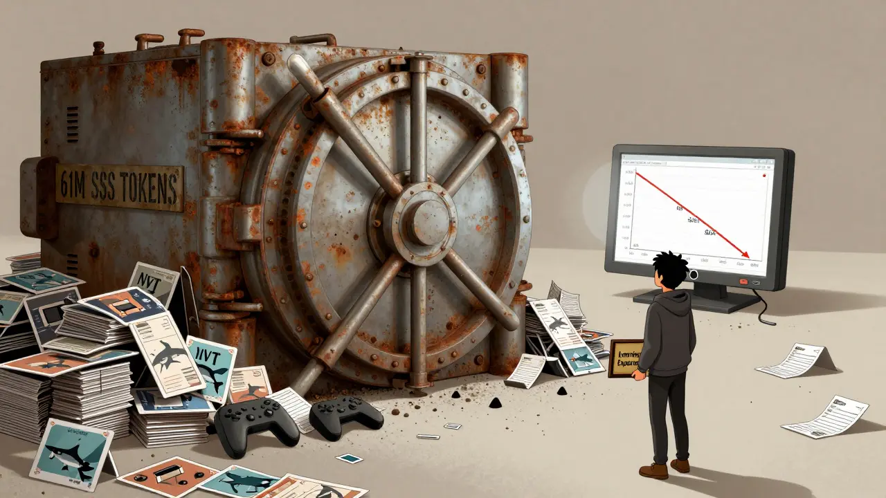 A vault of unused SSS tokens is buried under dead NFTs and a collapsed price chart.