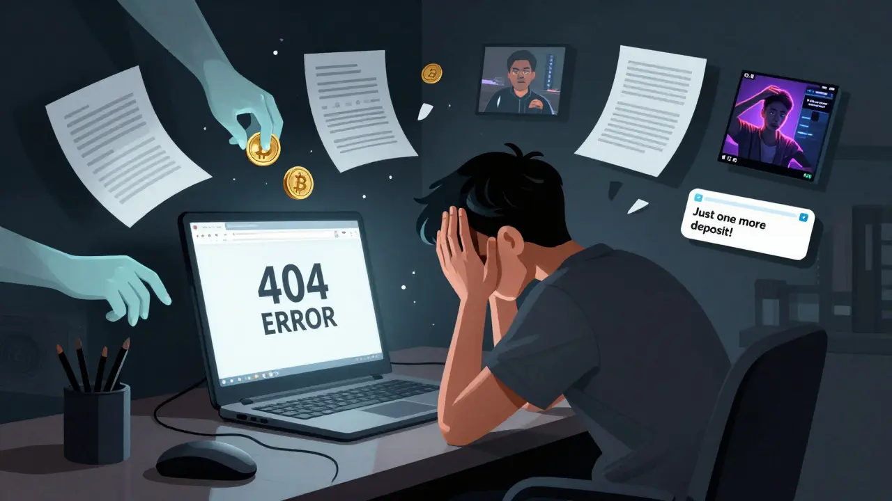 A victim stares at a vanished website, ghostly hands stealing crypto coins, surrounded by fake scam materials.