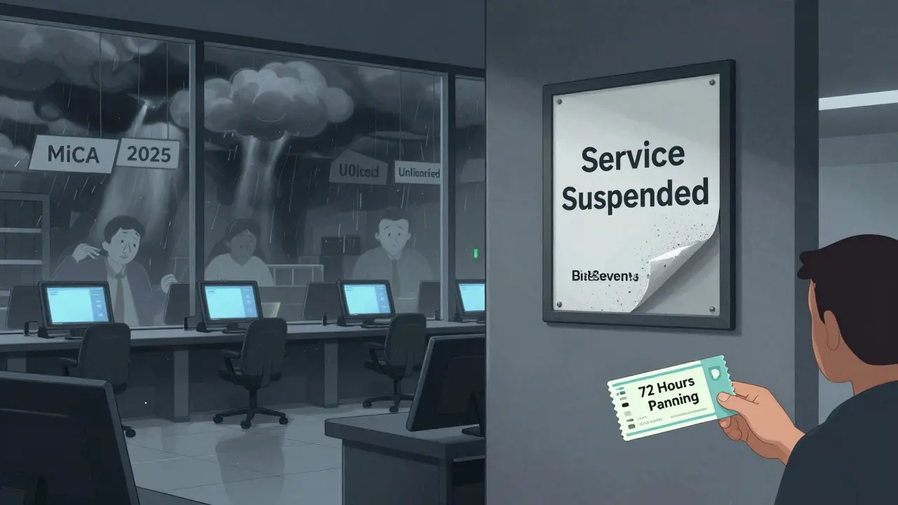 An abandoned crypto exchange lobby with a 'Service Suspended' sign, stormy skies outside, and a user holding a delayed withdrawal ticket.