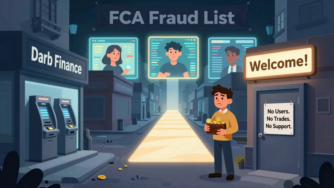 An empty digital town labeled Darb Finance with a confused user facing a closed door, while thriving exchanges glow in the distance.