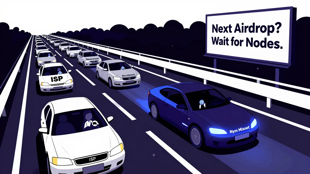 Anonymous vehicle speeding through a privacy-protected internet highway while surveillance cars are stuck in traffic.