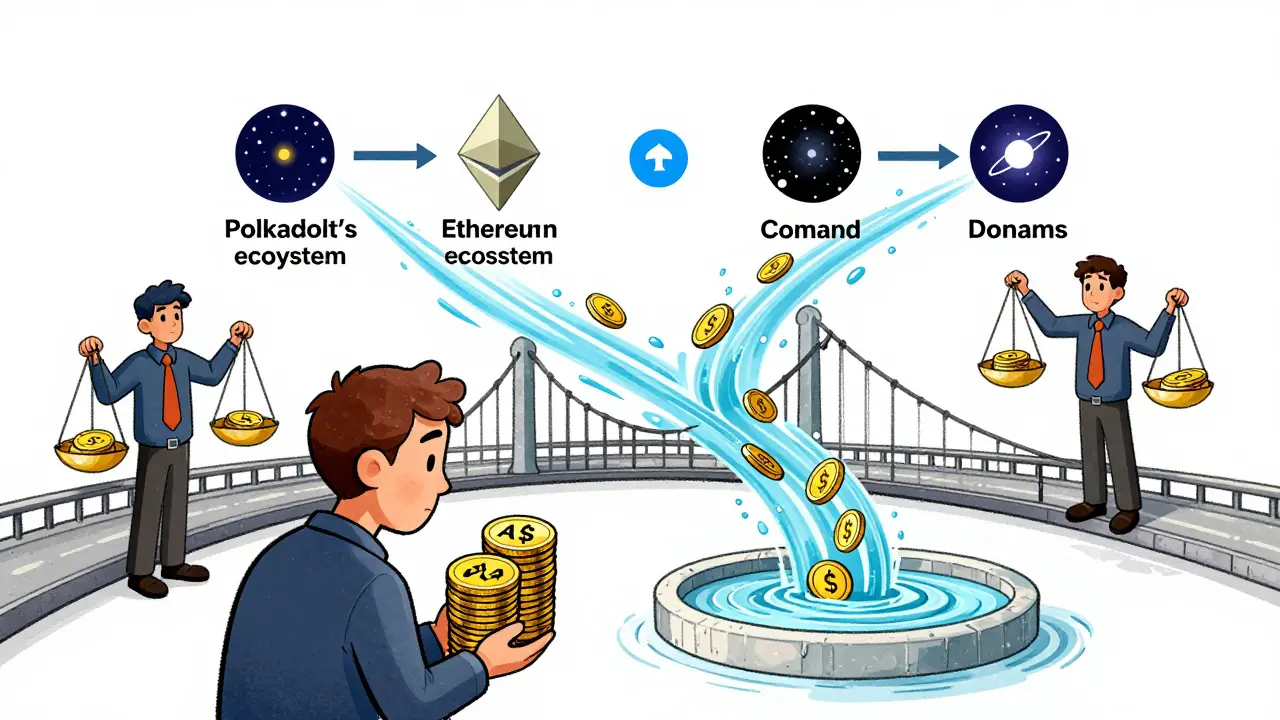 AUSD coins flowing across a bridge from Polkadot to Ethereum and Cosmos, with ACA tokens as guardians of the system.