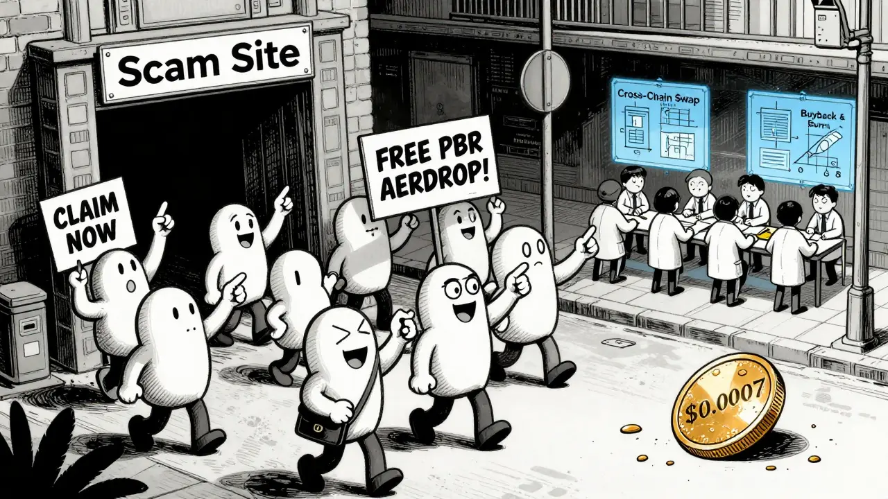 Cartoon characters chasing fake PBR airdrops while a quiet team works on real tech in the background.