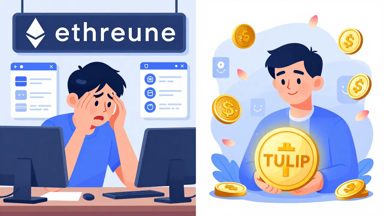 Contrast between chaotic manual DeFi trading on Ethereum and calm automated yield on Solana with TULIP.