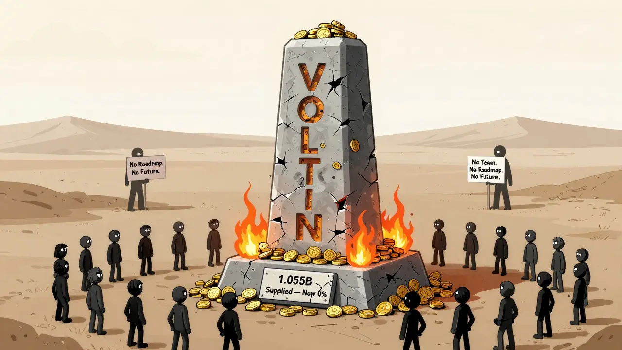 Crumbling VOLT.WIN monument made of burning tokens, no team, no future.