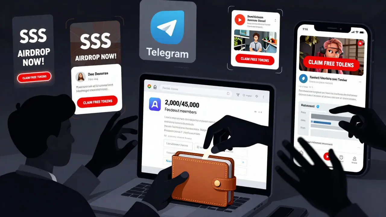Fake airdrop ads drain a user's wallet while abandoned social platforms decay in the background.