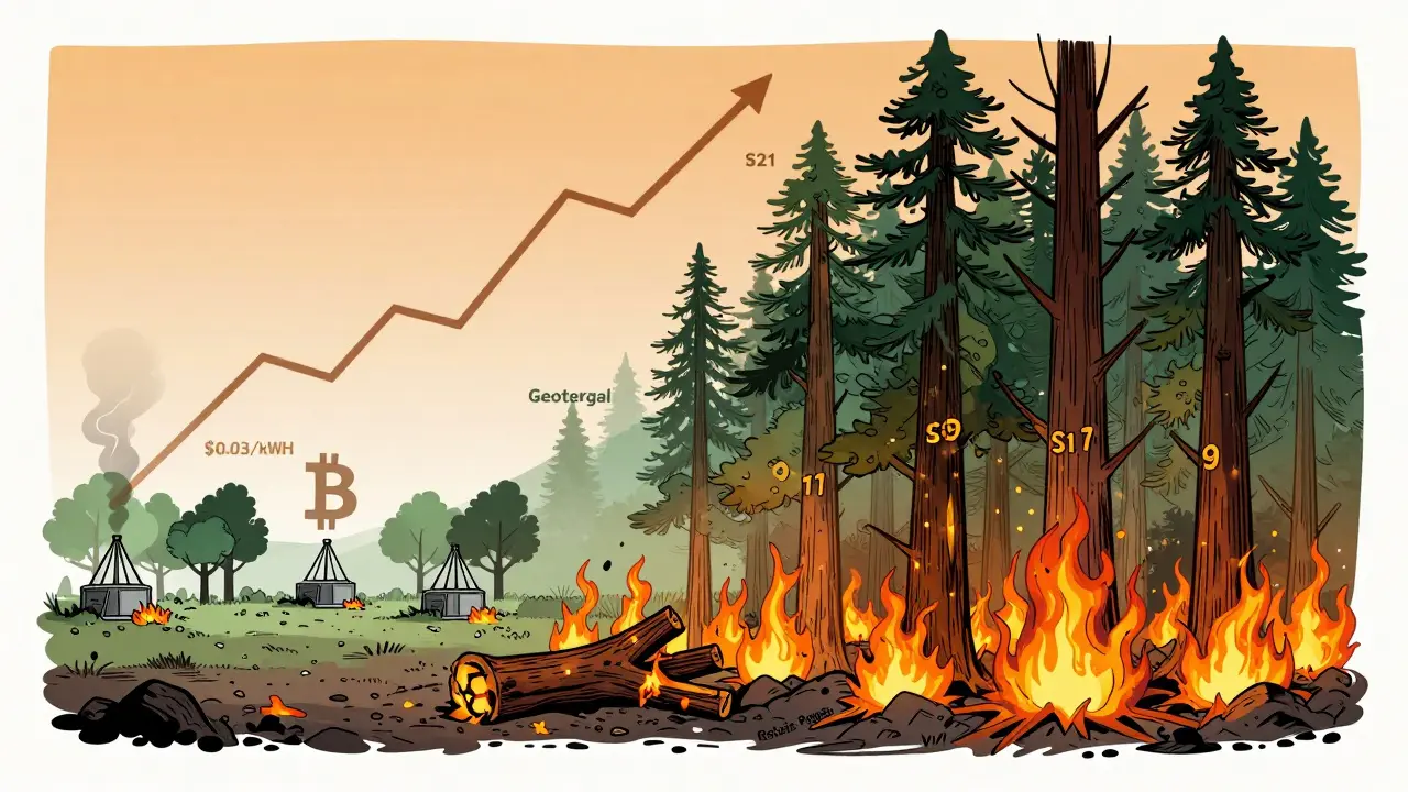 Forest fire metaphor: obsolete miners burn as efficient ones thrive under Bitcoin price rise.