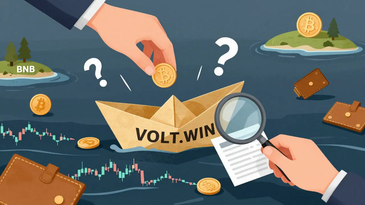 Fragile VOLT.WIN boat on chaotic trading charts, isolated from stable crypto islands.