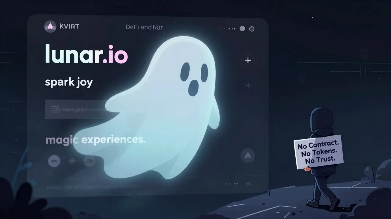 Ghostly website domain drifting away, original crypto content replaced by vague lifestyle slogans.