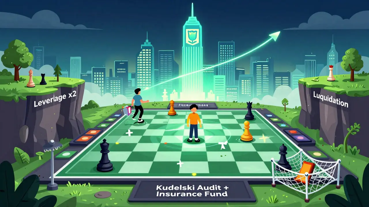 Leveraged farming on a cliff with audit safety net, set against a growing Solana DeFi city skyline.