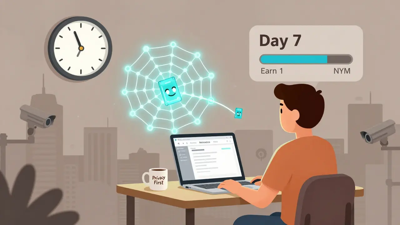 Person setting up a Nym mixnode on a laptop, with glowing data packets and a progress bar showing daily token earnings.
