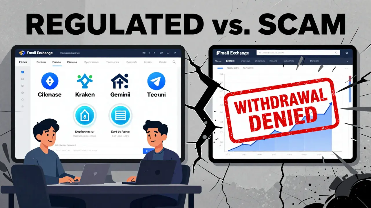 Side-by-side cartoon comparison: regulated crypto exchanges vs. a chaotic fake platform labeled 'Fmall Exchange'.