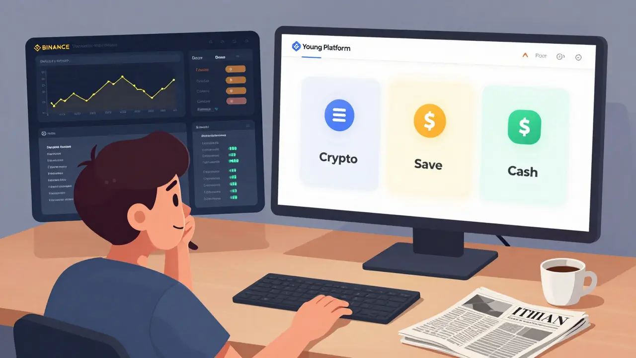 Side-by-side comparison: chaotic crypto interface vs. clean Young Platform app interface.