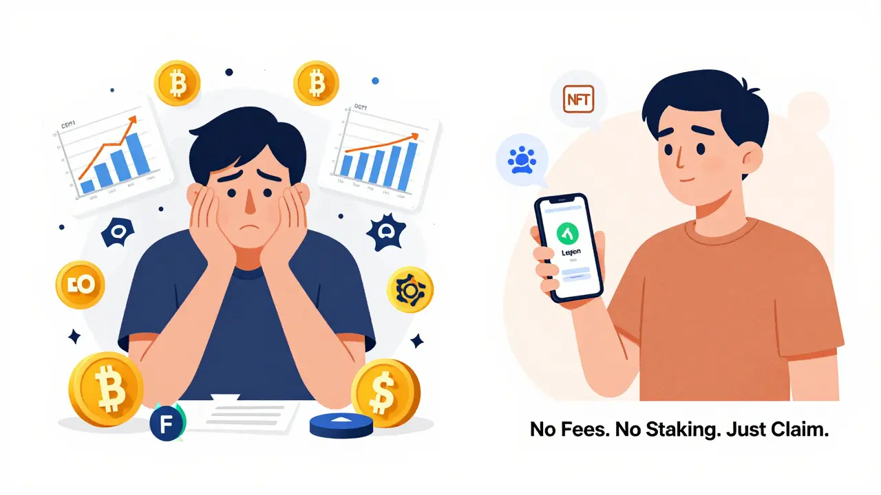 Simple Legion SuperApp claim process contrasted with chaotic DeFi systems in editorial style.