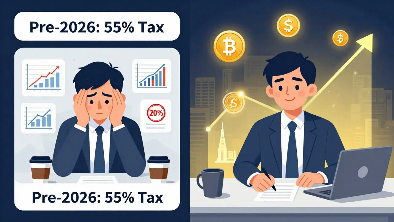 Split illustration: chaotic pre-2026 crypto tax stress vs. calm post-reform with a 20% tax and growing market.