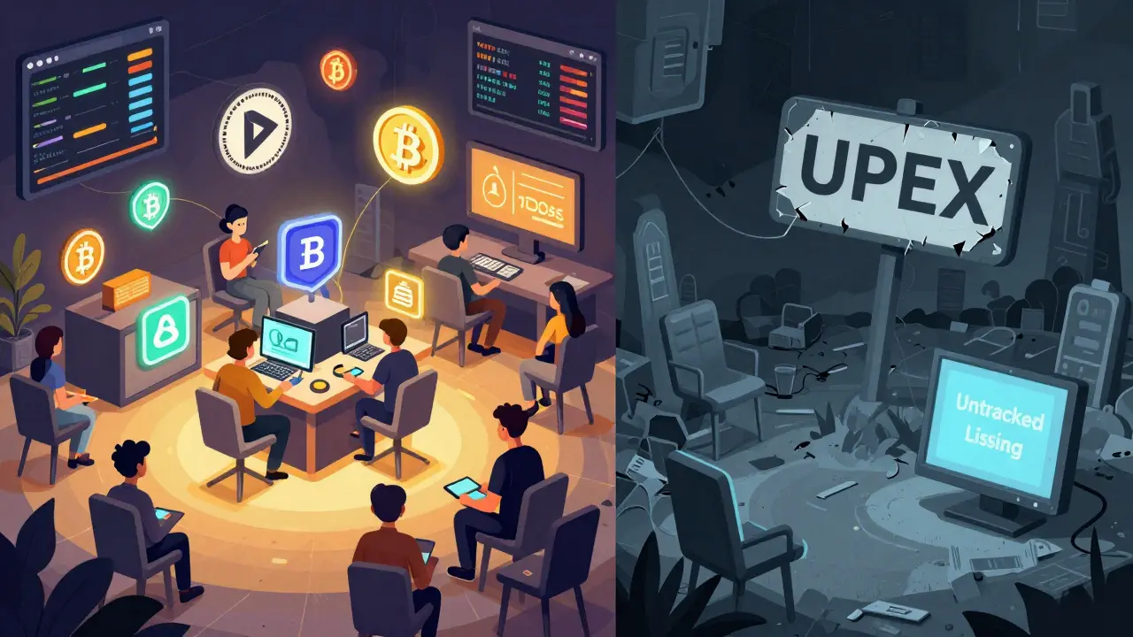 Split scene: active regulated exchanges on one side, UPEX graveyard on the other.