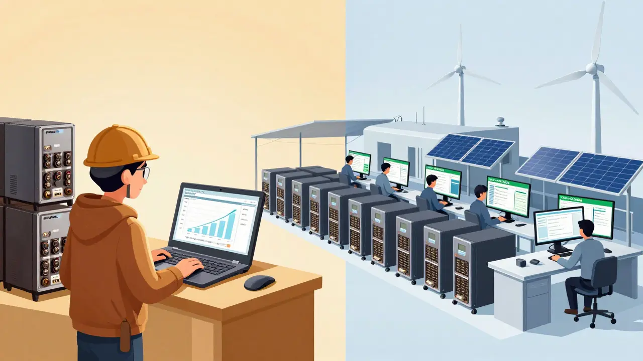 Split scene: outdated miner losing money vs modern facility with solar power and profit readout.