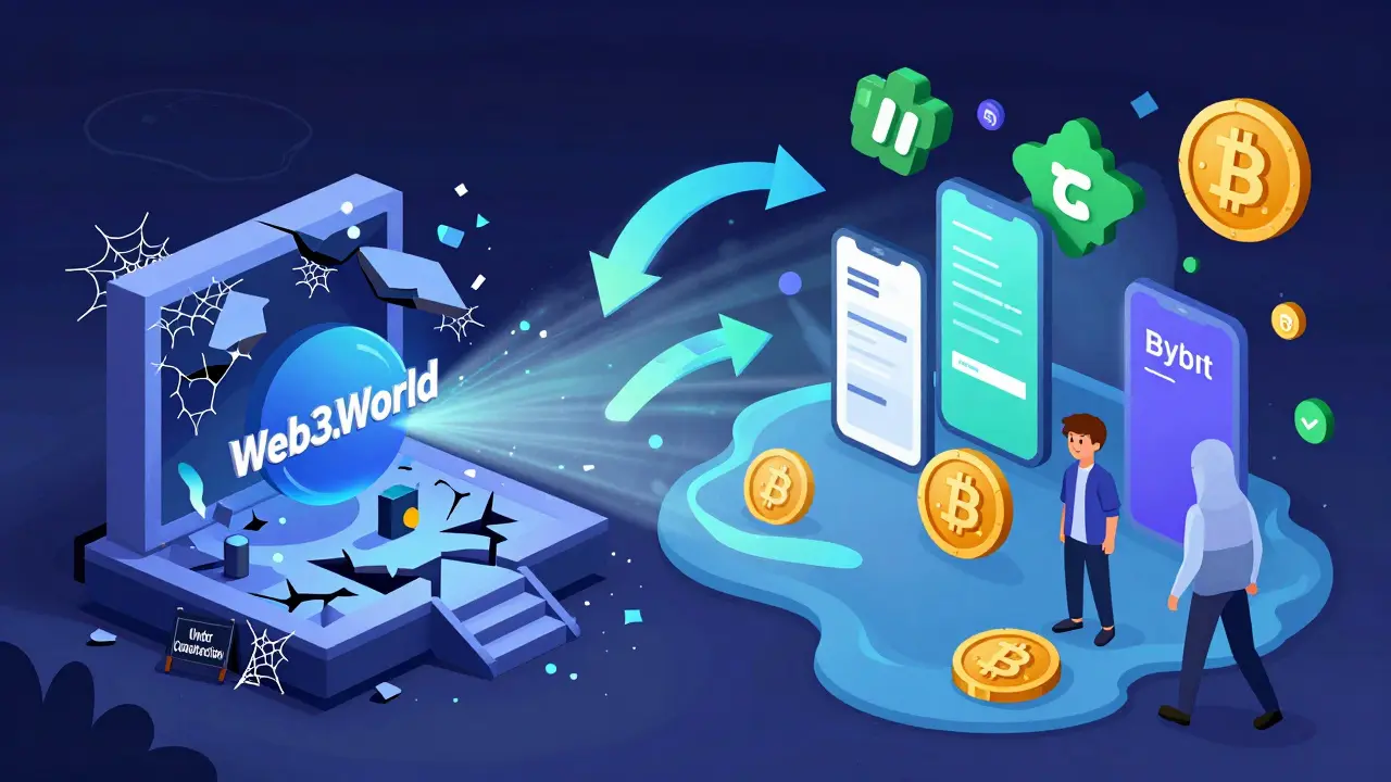 Tiny broken Web3.World platform versus a lively crypto ecosystem with active exchanges and users.