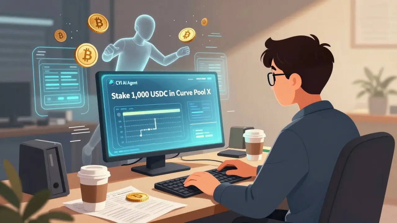 Trader watching a hologram of CYI AI recommending a DeFi stake, while the AI autonomously moves crypto funds in the background.