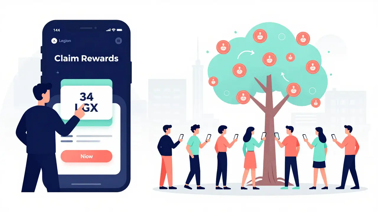 User claiming 34 LGX tokens in the Legion SuperApp while referrals grow in a chain around them.