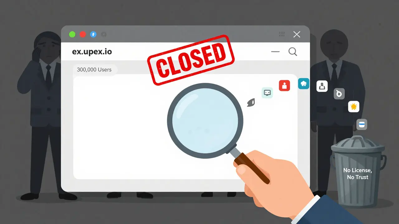 User examining a dead UPEX website with a 'Closed' stamp and disappearing app icons.