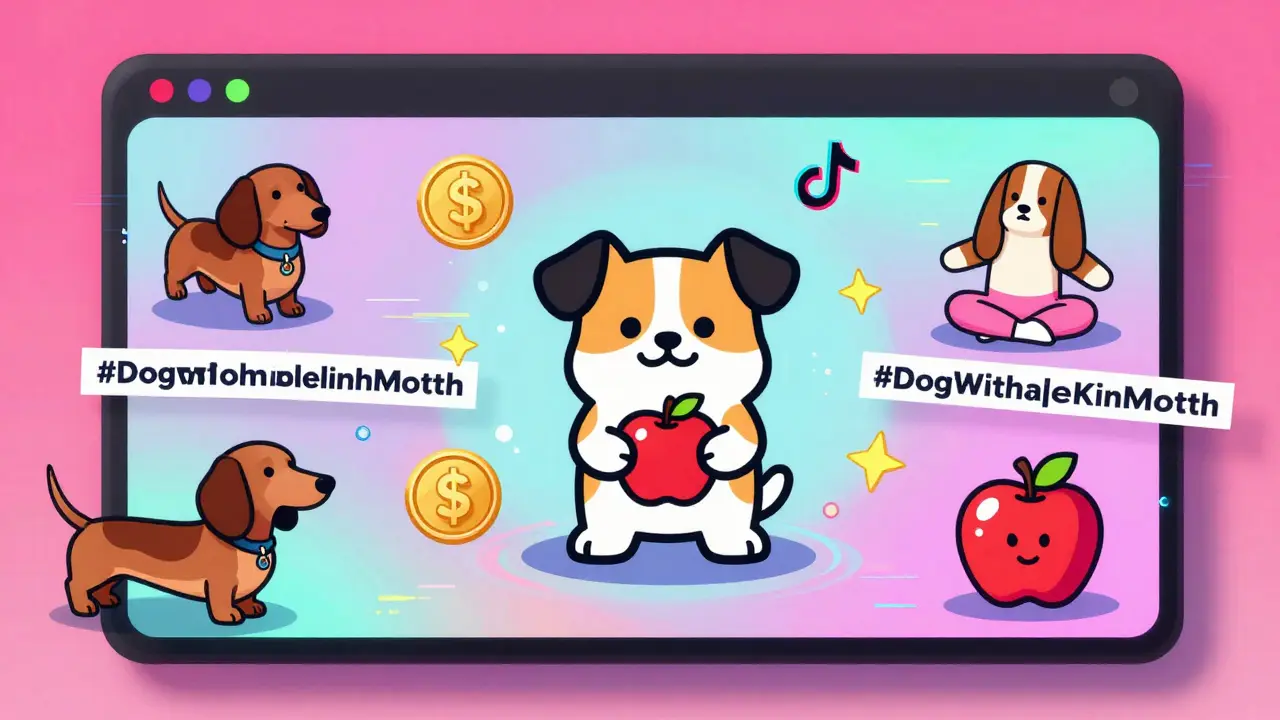 Viral TikTok memes of dancing dogs and apples swirling around a central cartoon dog with an apple.