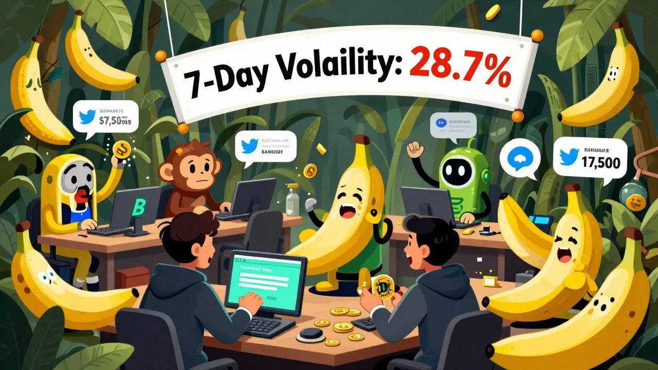 A chaotic crypto trading floor shaped like a banana plantation, with AI agents automating tasks and traders reacting to volatile token prices.