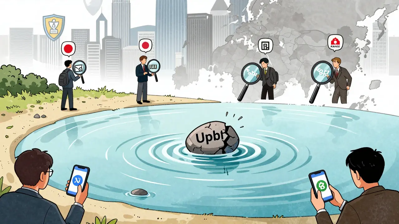 A cracked stone labeled 'Upbit' creates regulatory ripples across Asia, prompting audits at other exchanges.