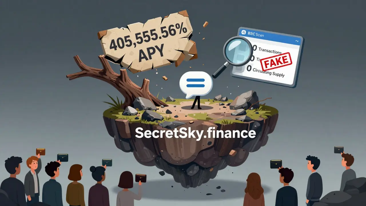 A crumbling island labeled SecretSky.finance floating over emptiness, with a collapsing high-APY sign above.