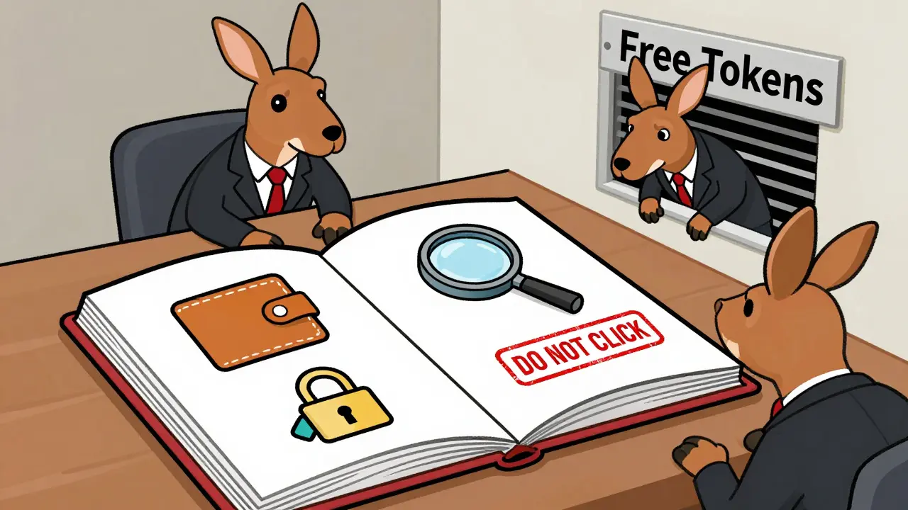 A crypto safety guidebook with warning icons, while scammer kangaroos try to sneak in through a vent.