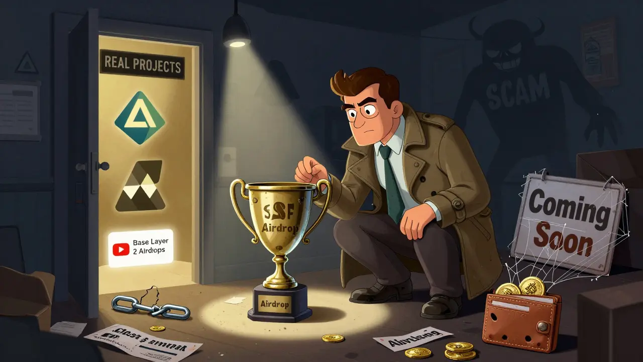 A detective examining an empty SSF airdrop trophy surrounded by scam clues and a 'Coming Soon' sign covered in dust.