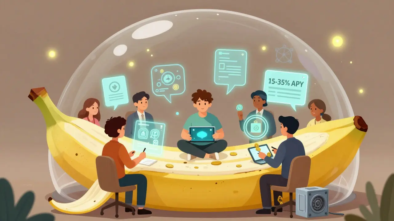 A diverse community votes inside a banana-peel dome, programming AI agents and staking tokens in a decentralized DAO meeting.