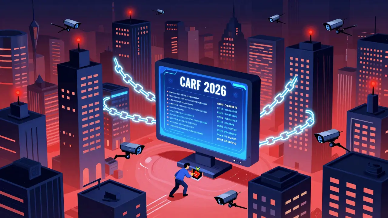 A futuristic Indian city tracks every crypto transfer on a giant monitor, while one person tries to sneak out.