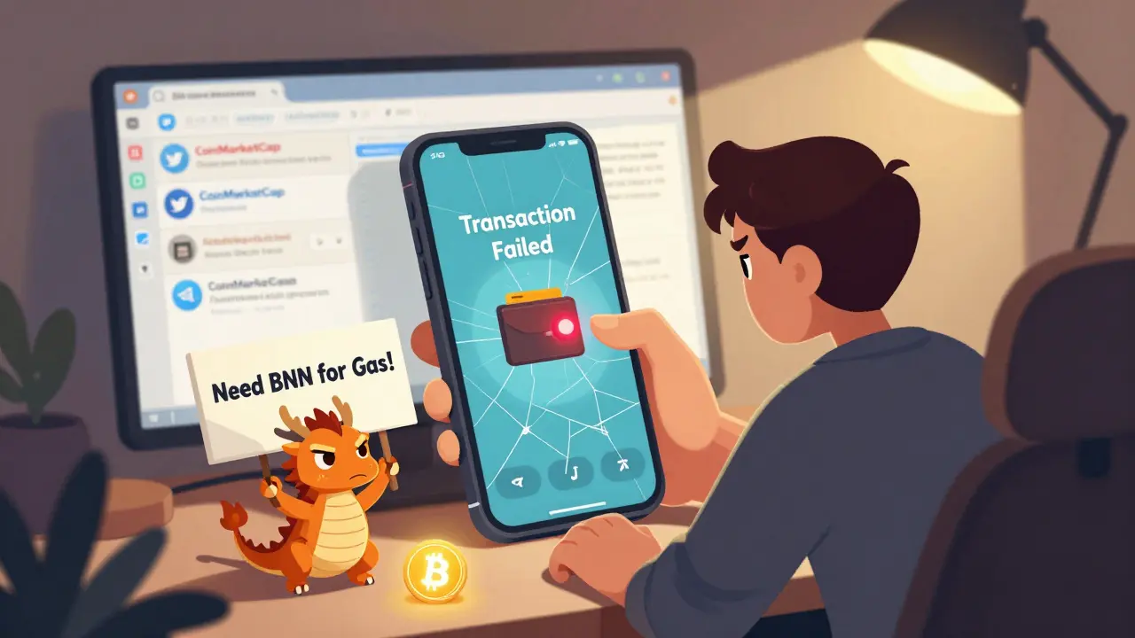 A gamer frustrated by a 'Transaction Failed' error, with a tiny dragon holding a 'Need BNB' sign on a cluttered desk.