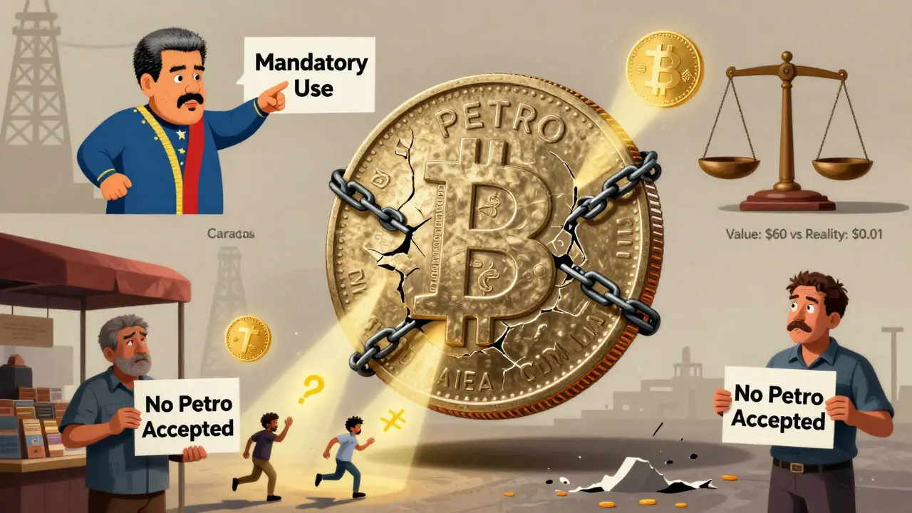 A giant cracked Petro coin is chained by U.S. sanctions, while citizens flee toward Bitcoin and Tether beacons in a satirical cityscape.
