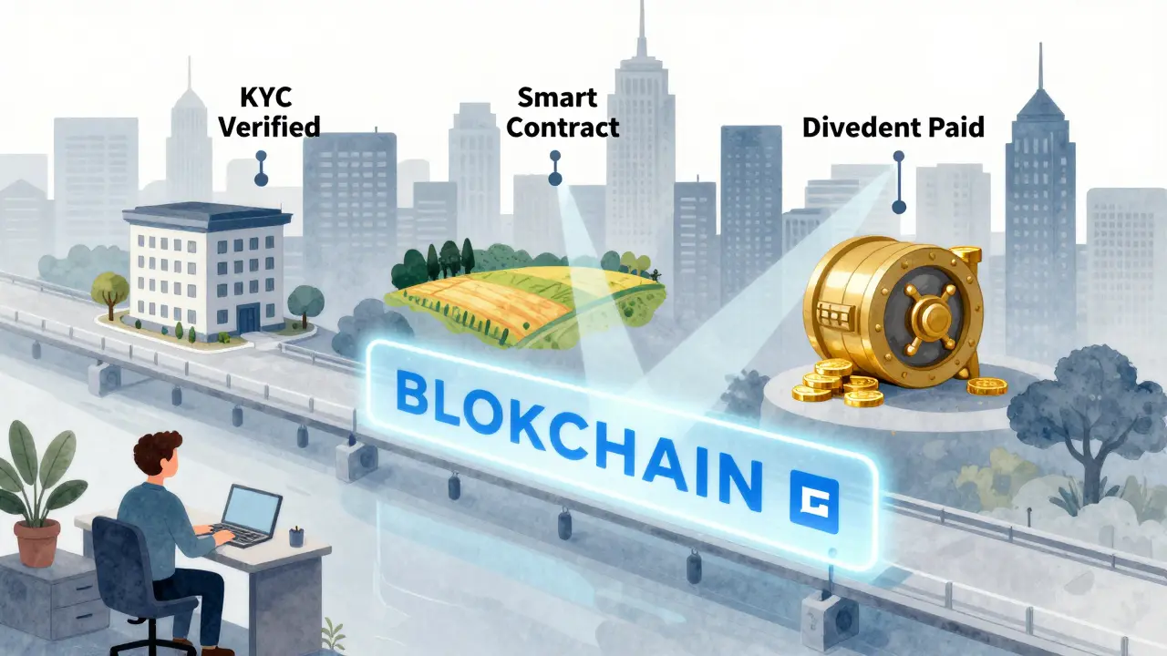A glowing blockchain bridge connecting a home to city assets like buildings and gold, with compliance checkpoints labeled.