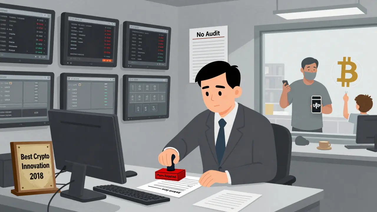 A government clerk stamps 'Petro Required' as fake mining stats glow on screens, while outside, people trade with USDT on phones.