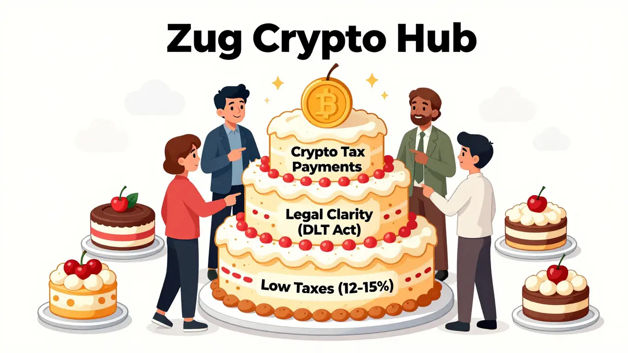 A layered cake representing Zug's crypto advantages with tokens on top, while global hubs appear as smaller desserts.