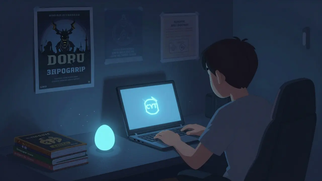 A lone player in 2026 logs into Dragonary as a faint CYT token glows above the screen, surrounded by faded event posters.