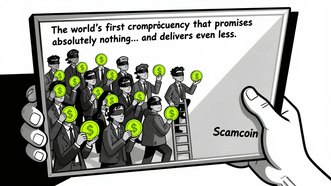 A mirror reflects chaotic crypto traders chasing illusions, labeled with Scamcoin's ironic motto.