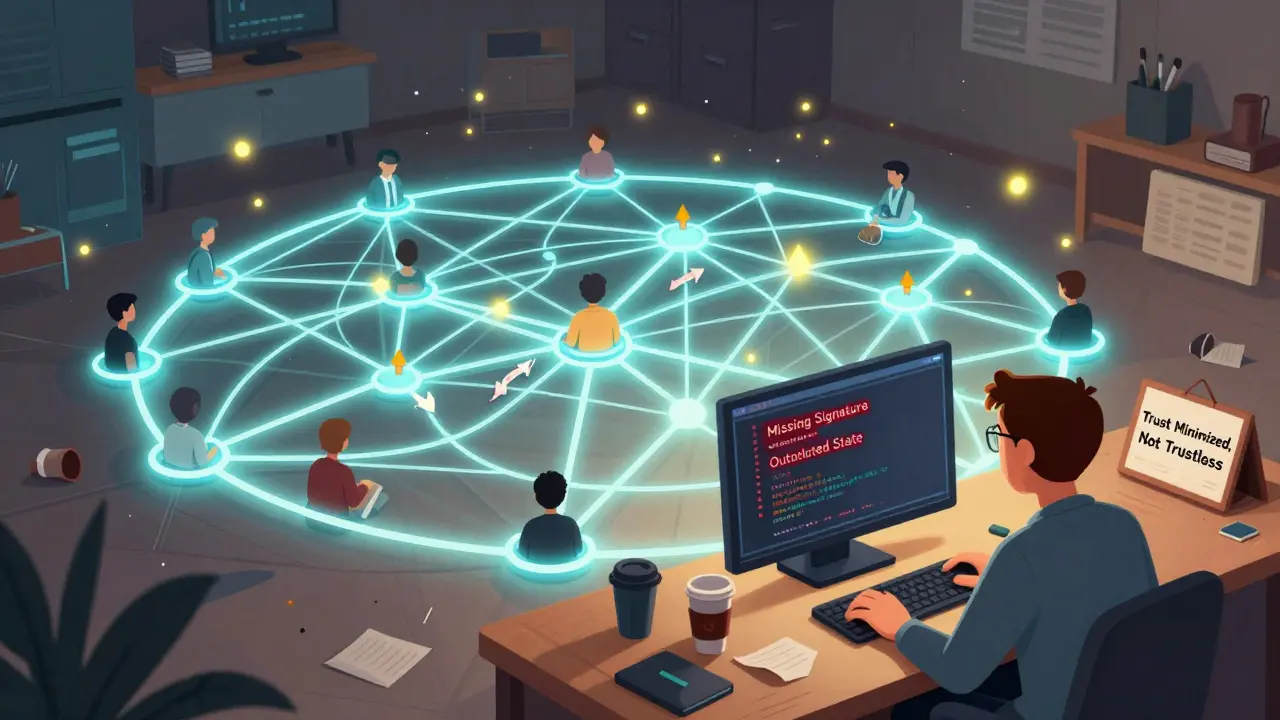 A network of interconnected state channels with micropayments as fireflies, and a developer facing critical code errors in a cluttered room.