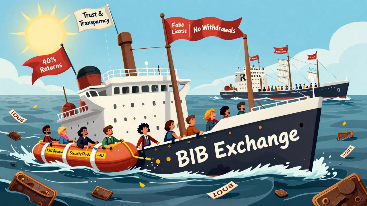 A sinking ship labeled 'BIB Exchange' with users trapped on failing life rafts, while legitimate exchanges sail safely in the distance.