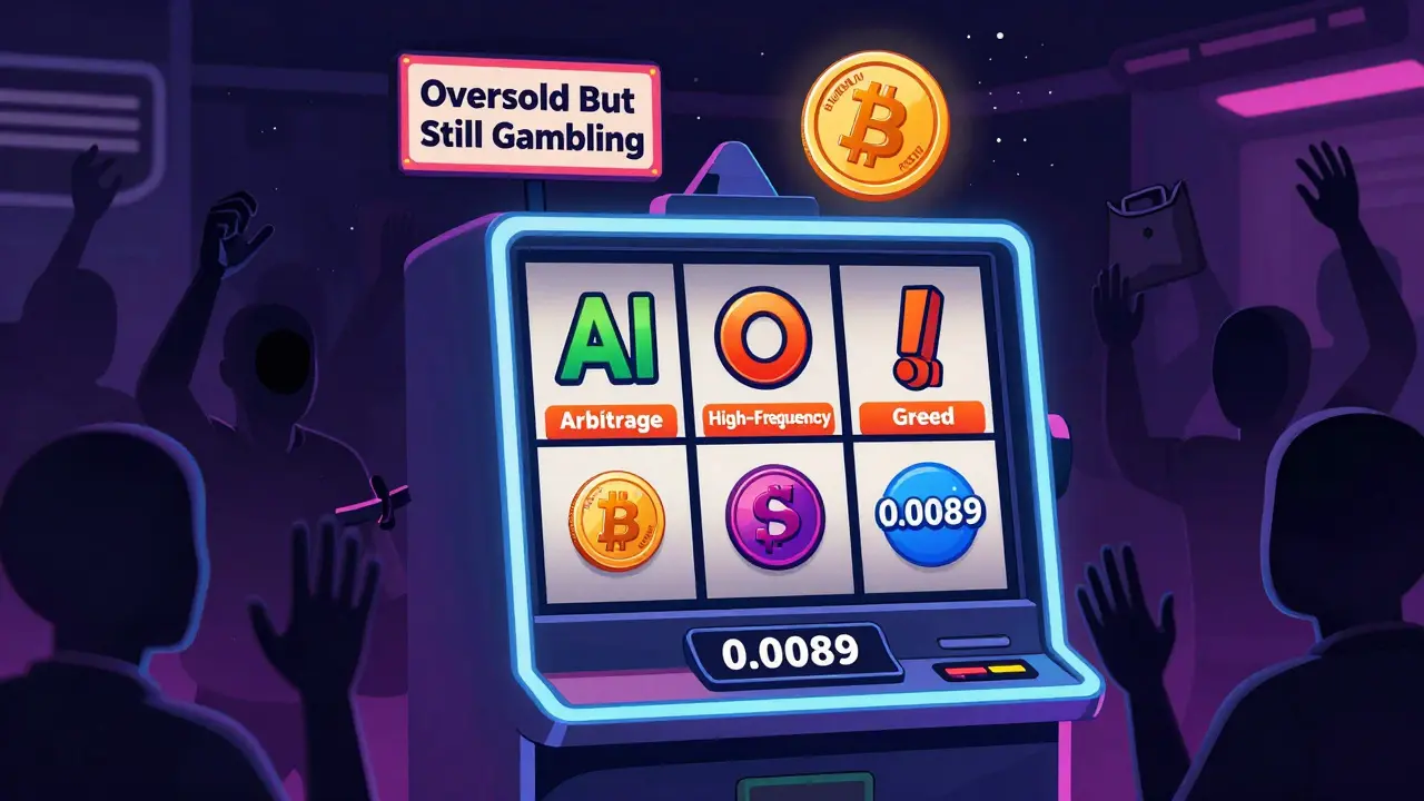 A slot machine with crypto symbols spins as a lone coin drops, surrounded by gambling crowds in a dark casino.