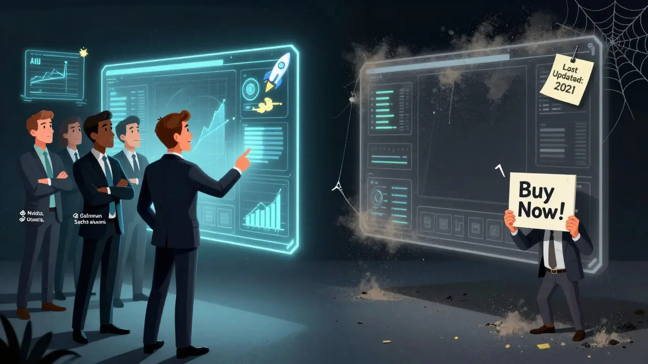 A team points to an imaginary AI dashboard on one side, while the real dashboard is dusty and abandoned on the other.