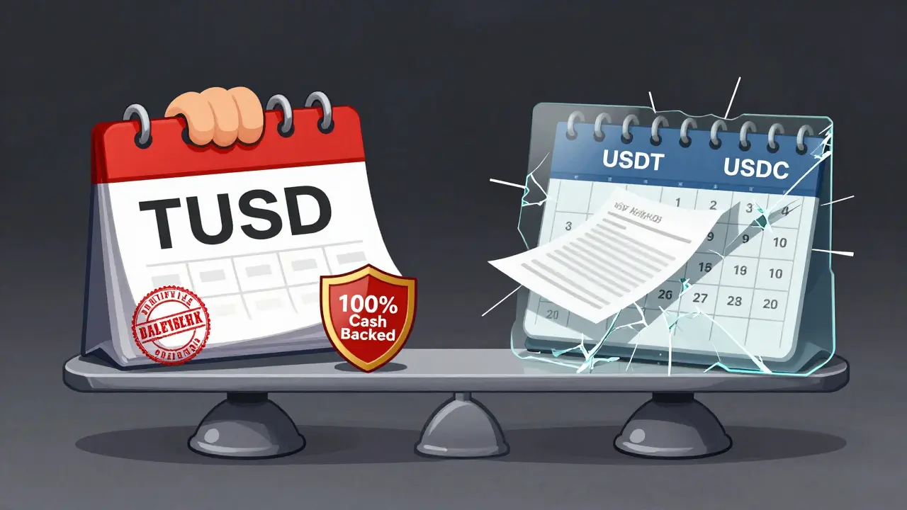 Comparison scale showing TUSD with daily audits and cash backing versus USDT/USDC with monthly reports and shadows.