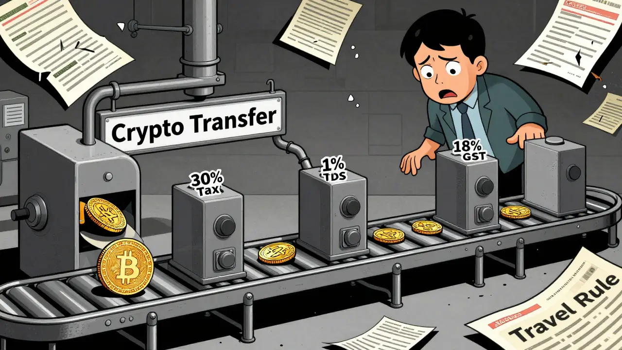 Crypto coins shrink as they pass through tax machines labeled 30%, 1%, and 18% on a conveyor belt.